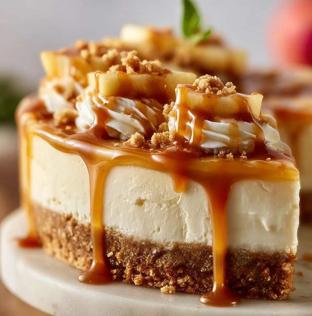 Caramel Apple Cheesecake Dream Pie topped with caramel and apple slices