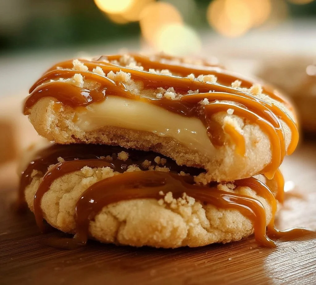 Delicious caramel cheesecake cookies with a golden caramel drizzle
