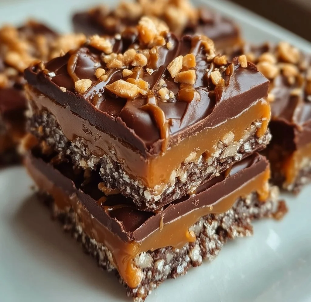 Delicious Caramel Chocolate Crunch Bars with rich chocolate and crunchy texture
