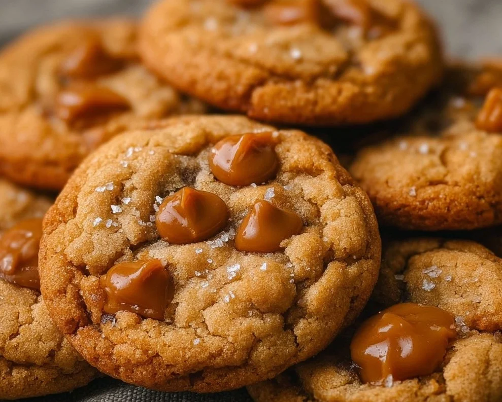 Freshly baked caramel cookies with a golden brown finish