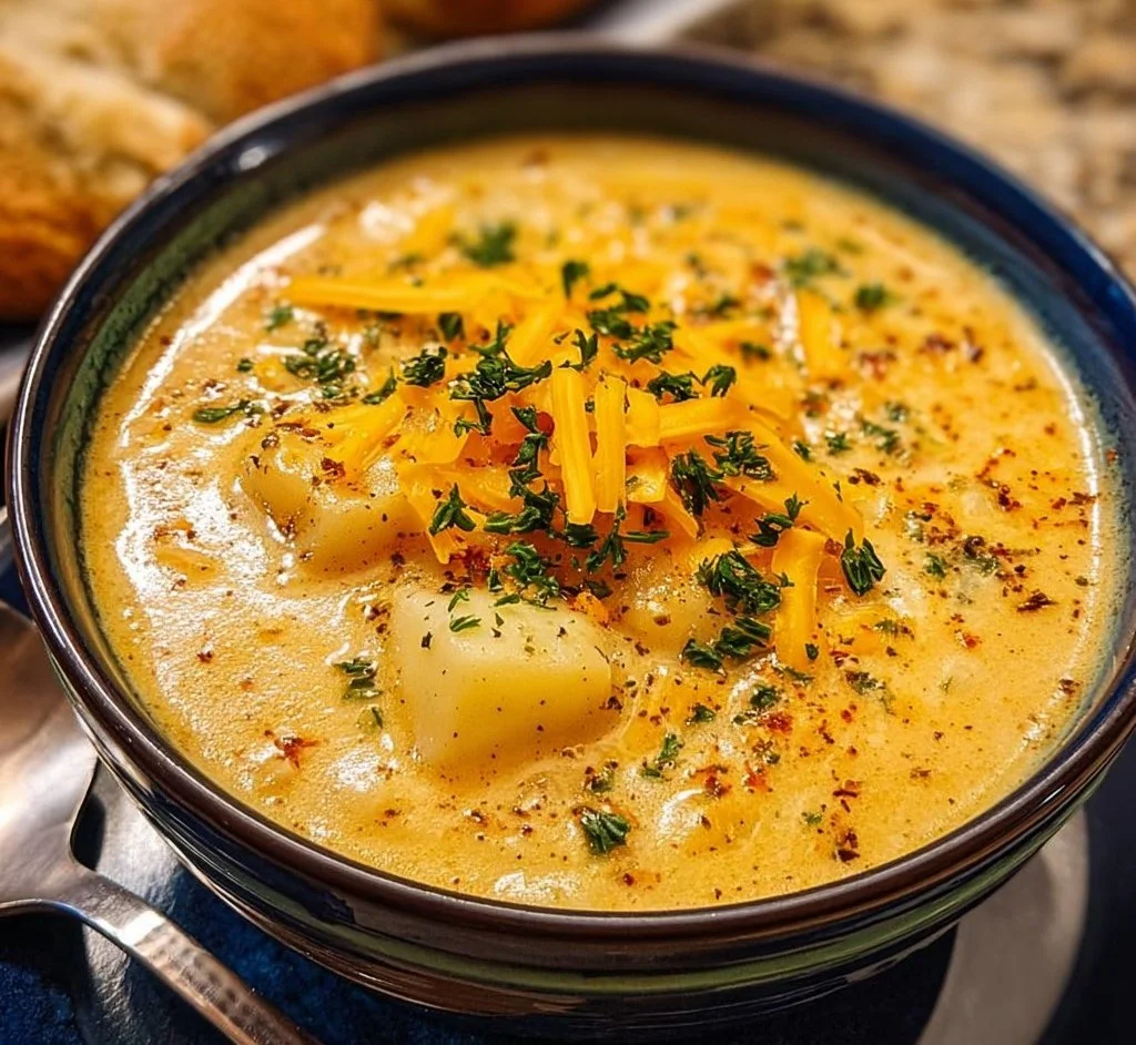 Bowl of cheddar garlic herb potato soup garnished with herbs and cheese