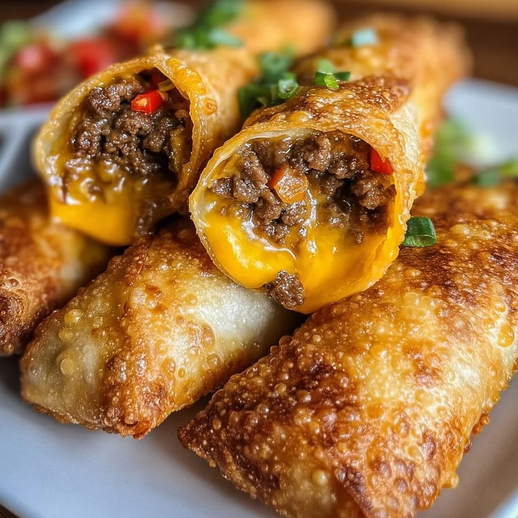 Delicious Cheeseburger Eggrolls served with dipping sauce