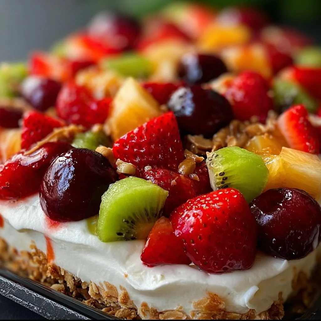 Delicious cheesecake fruit salad topped with mixed fresh fruits and creamy texture