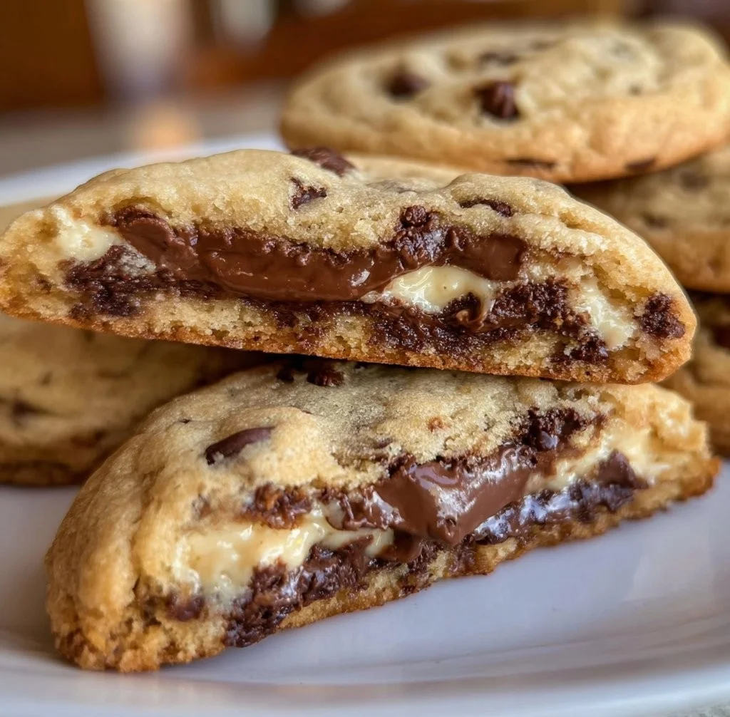 Cheesecake stuffed chocolate chip cookies on a plate