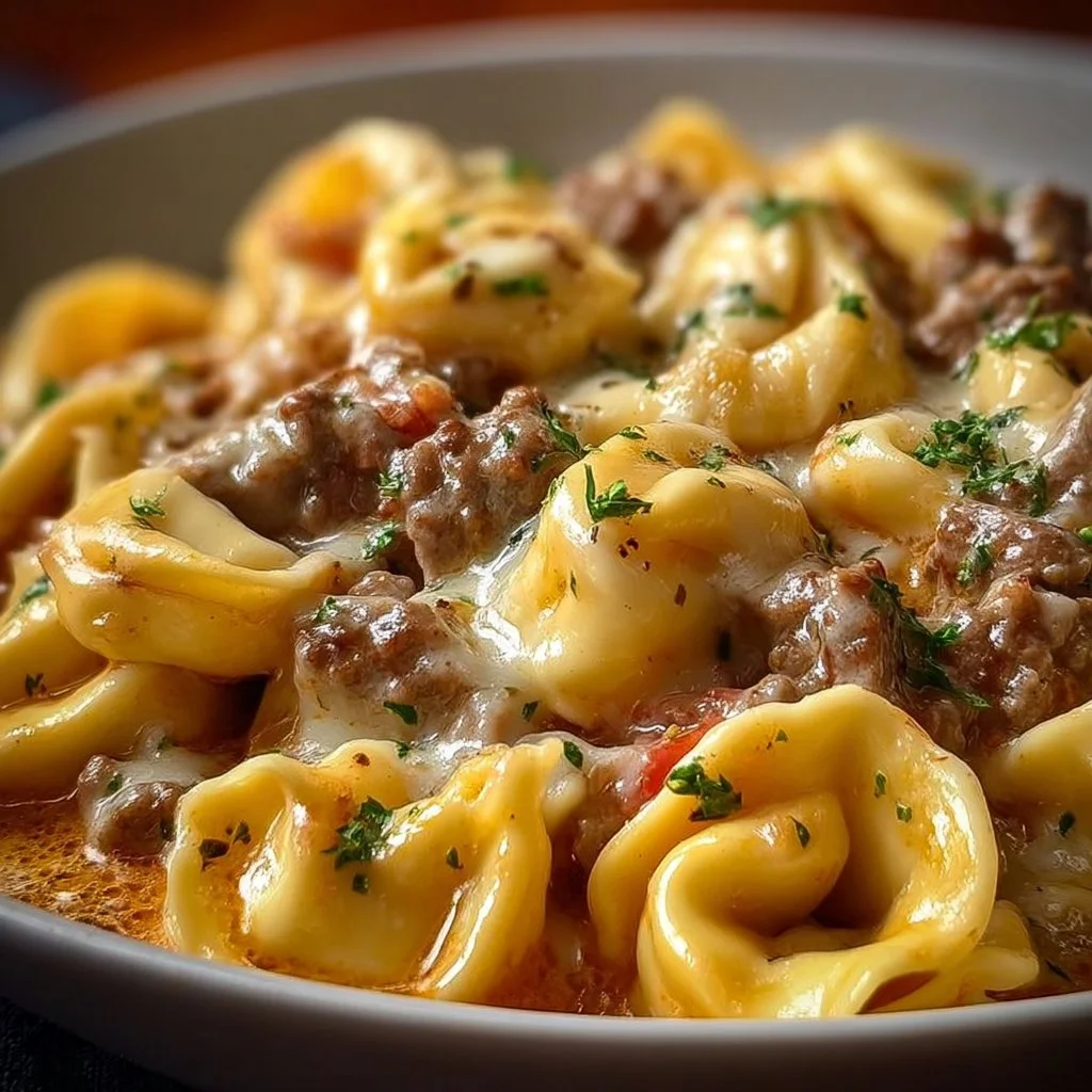 Cheesesteak tortellini in rich provolone sauce served on a plate