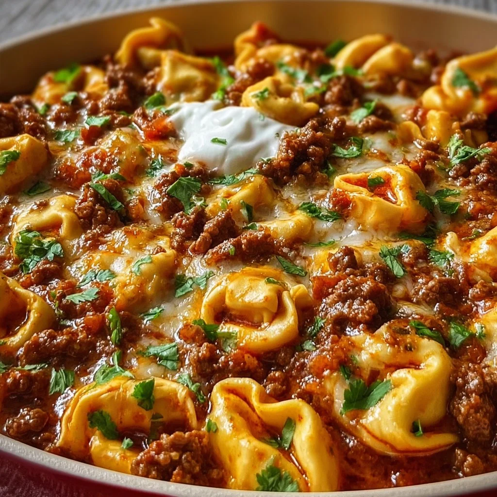Cheesy beef enchilada tortellini served on a plate with toppings