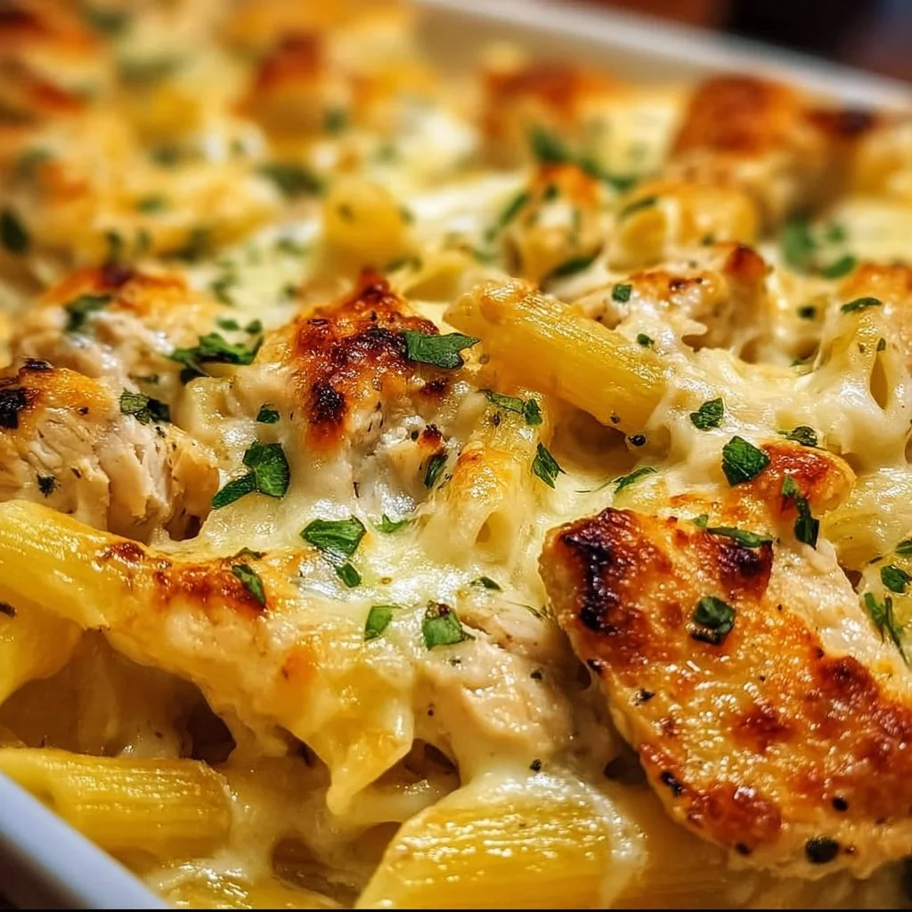 Cheesy garlic chicken pasta bake topped with melted cheese and herbs
