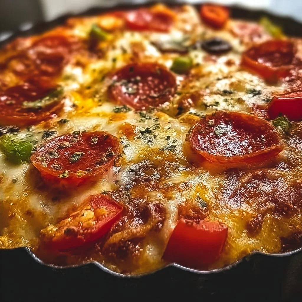 Cheesy pizza bowl topped with melted cheese and fresh toppings
