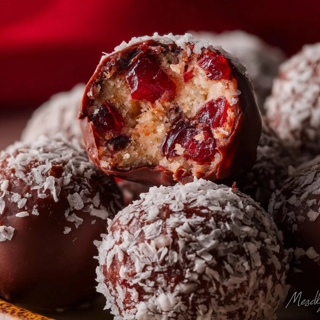 Homemade Cherry Bourbon Balls with chocolate coating and cherries