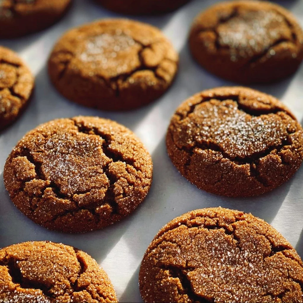 Freshly baked chewy ginger molasses cookies cooling on a rack