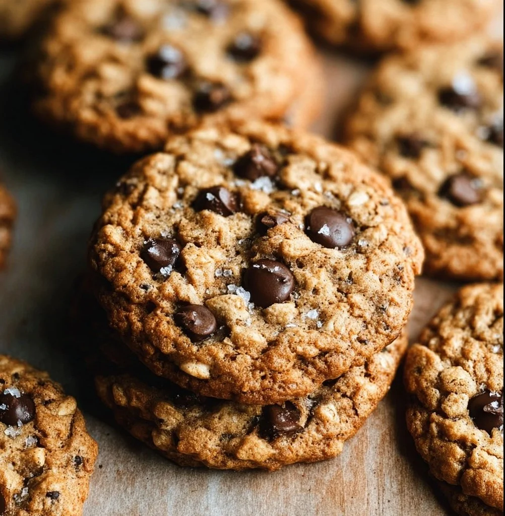 Deliciously chewy oatmeal chocolate chip cookies on a rustic wooden plate.