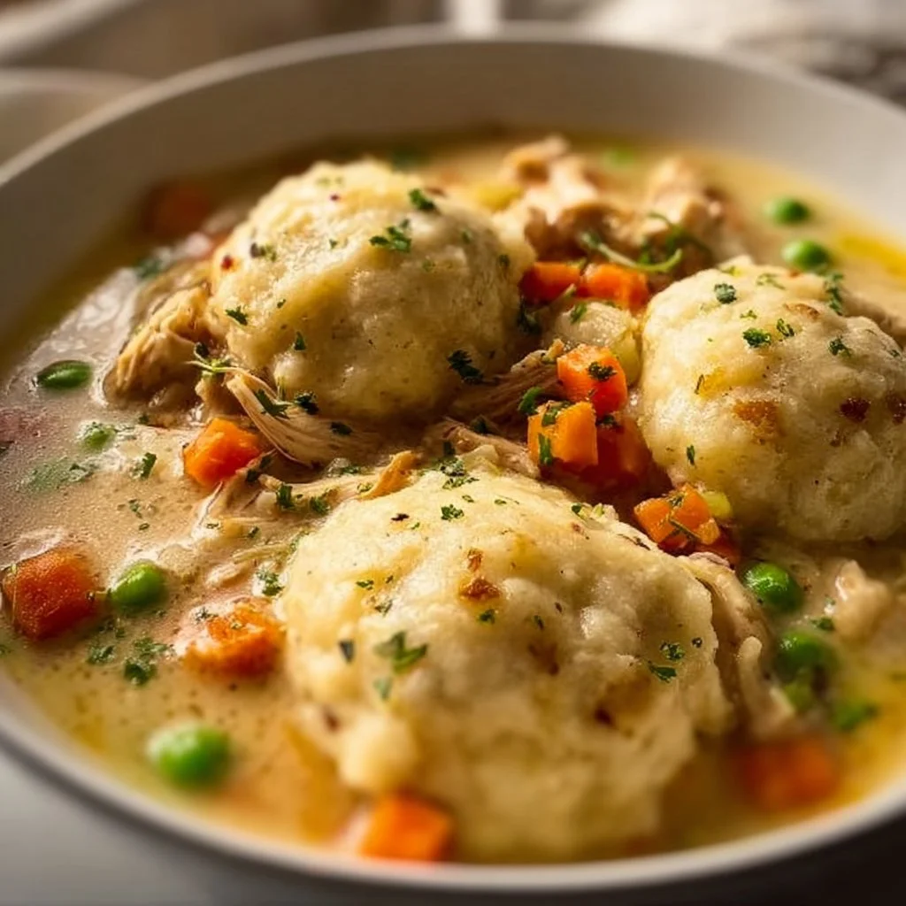 Delicious bowl of Chicken and Dumplings with fluffy dumplings and tender chicken pieces