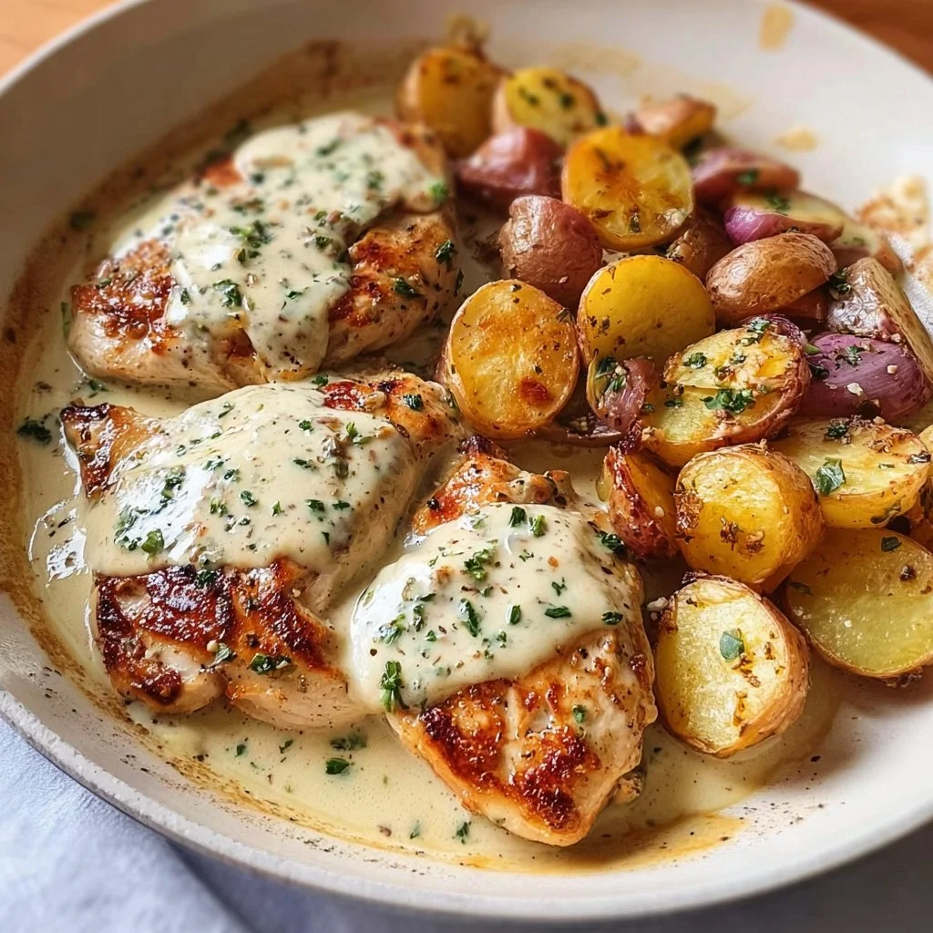 Creamy Chicken and Potatoes with Dijon Cream Sauce served in a bowl
