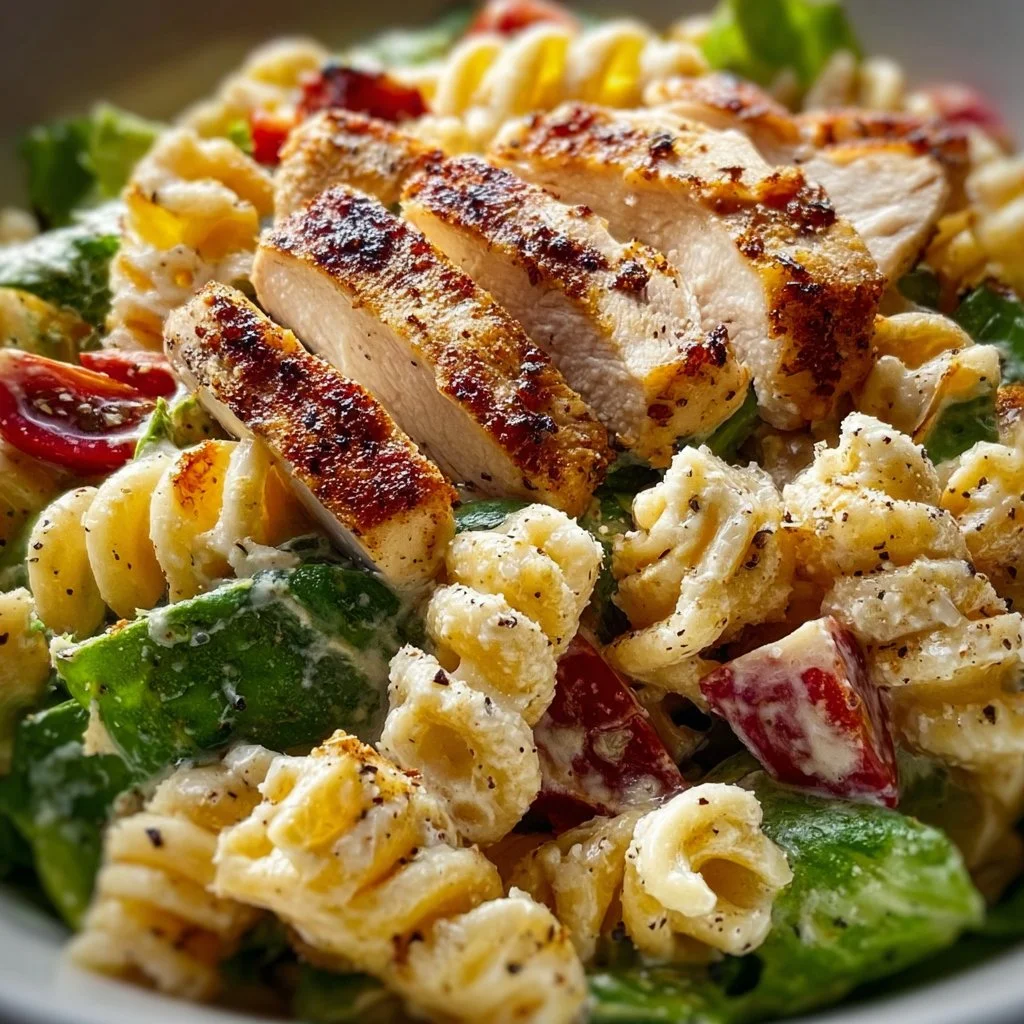 A bowl of Chicken Caesar Pasta Salad with grilled chicken and Caesar dressing.