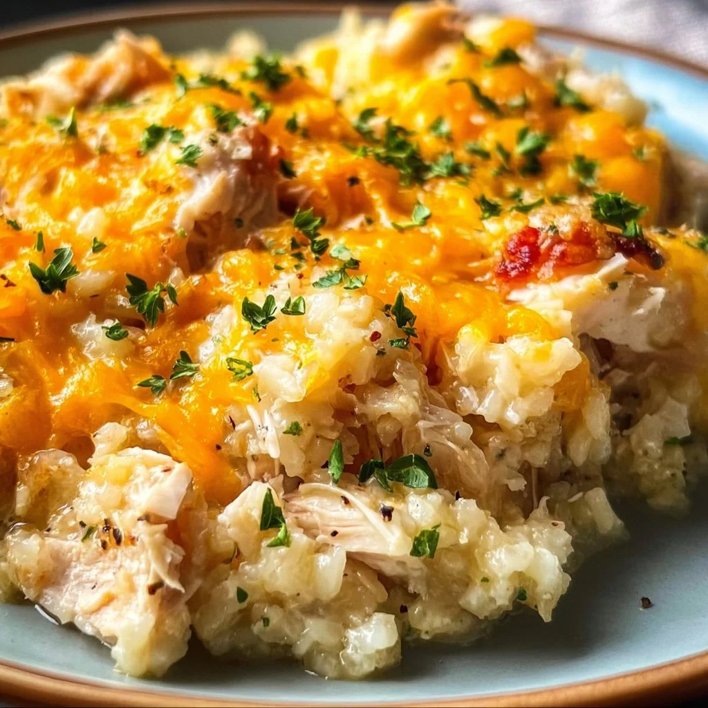 Healthy Chicken Cauliflower Rice Casserole topped with cheese and veggies