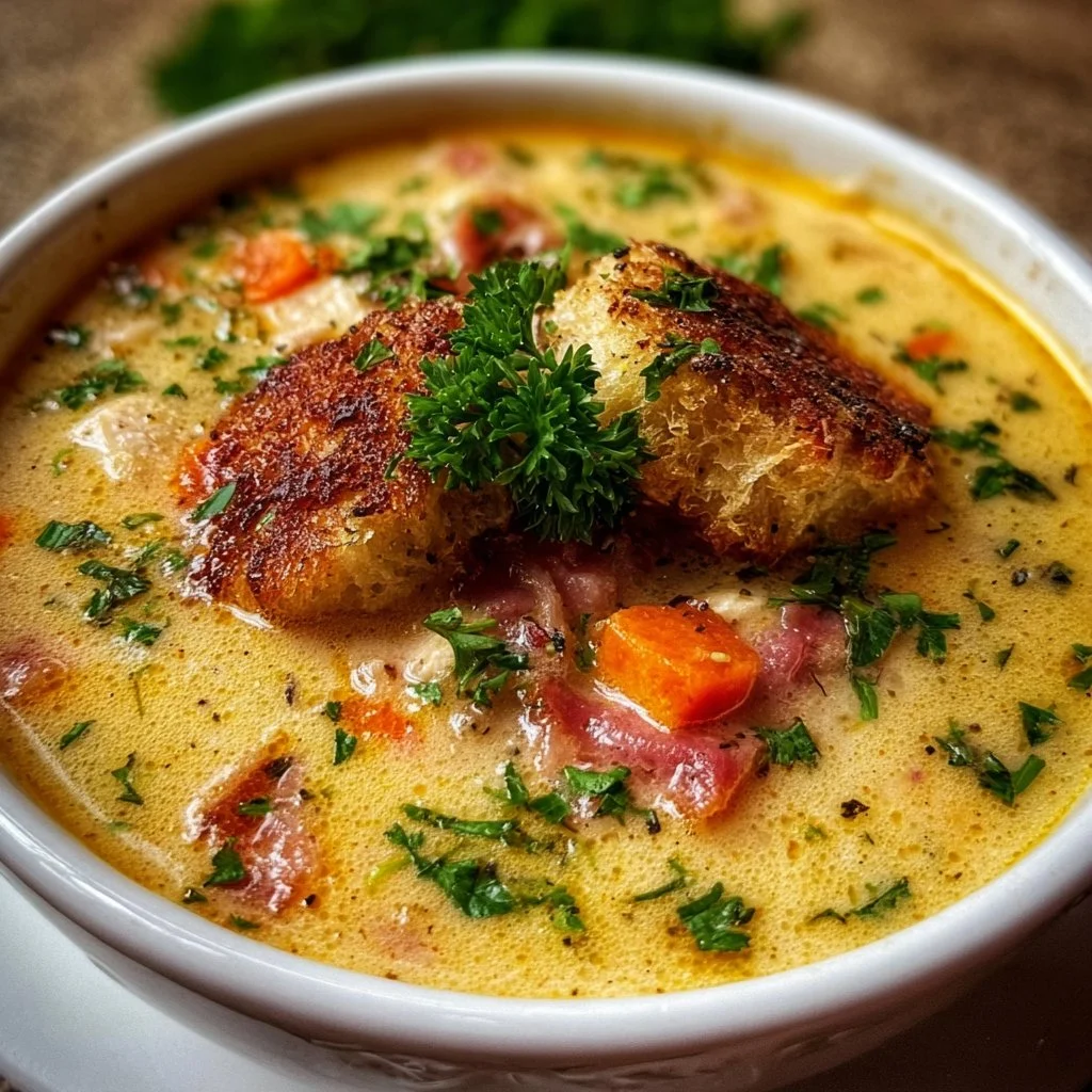 Delicious Chicken Cordon Bleu Soup in a bowl with garnishes.