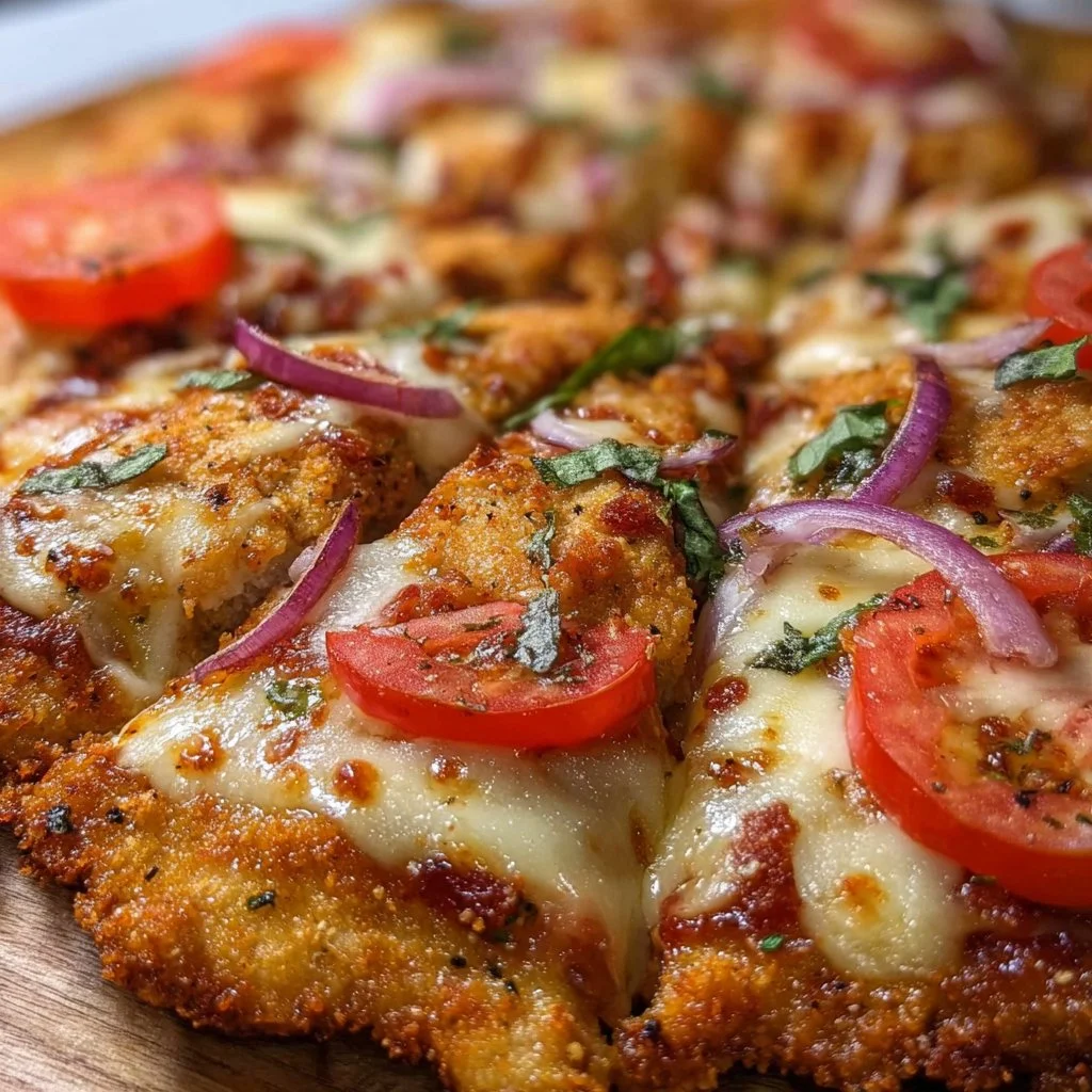 A mouth-watering Chicken Crust Pizza topped with fresh ingredients.