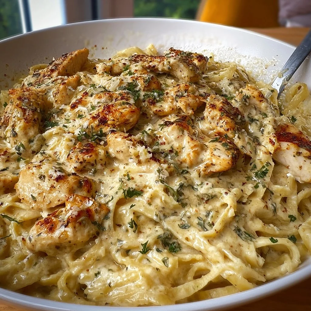 Delicious Chicken Garlic Parmesan Pasta in a creamy sauce with herbs