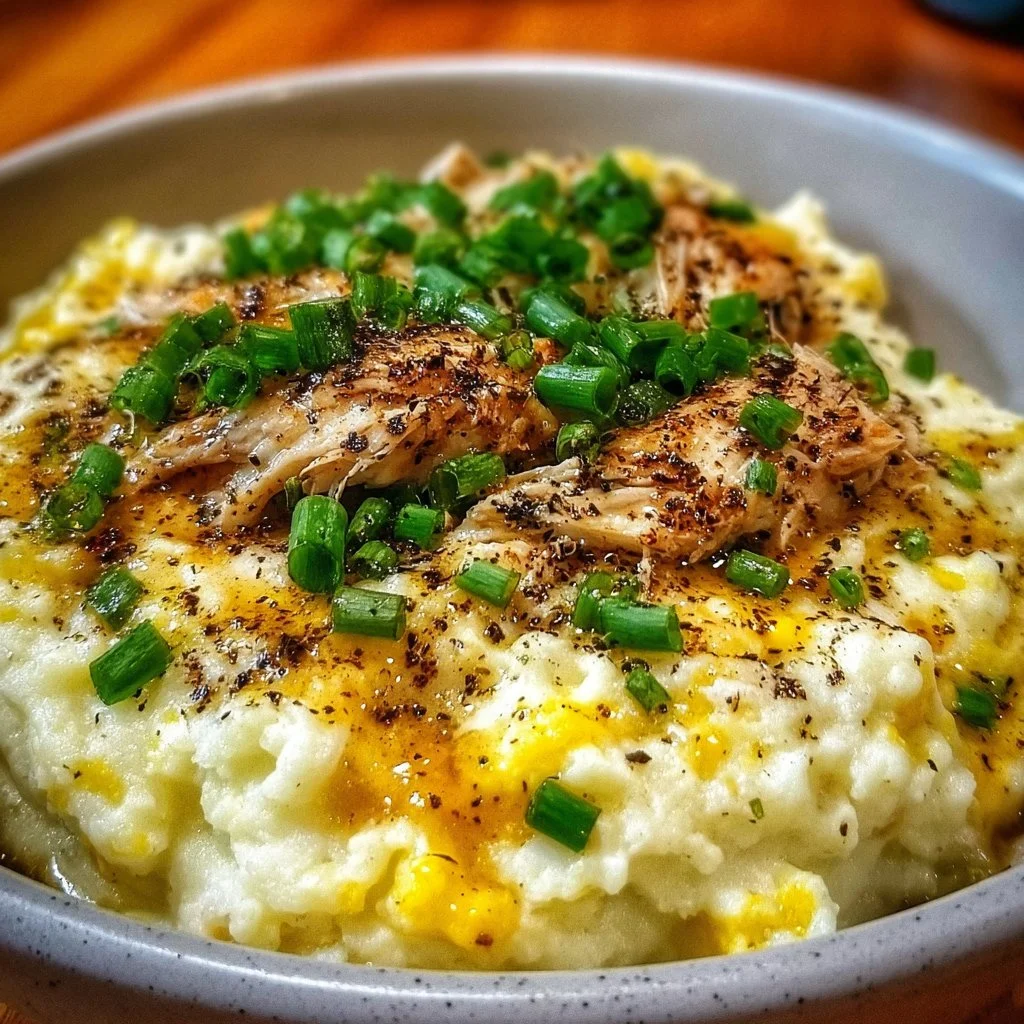 Delicious Chicken Mashed Potato Bowl topped with herbs and spices