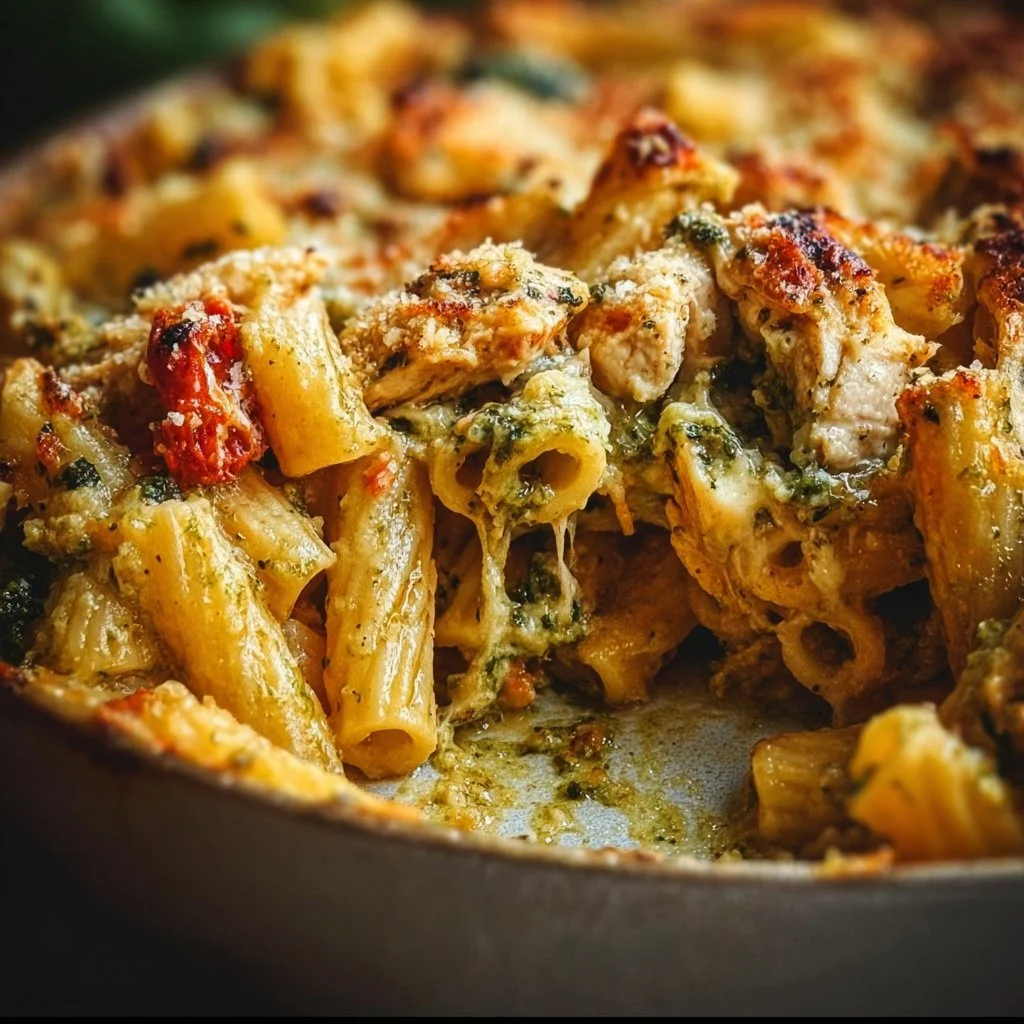 Delicious Chicken Pesto Pasta Bake topped with cheese and fresh basil