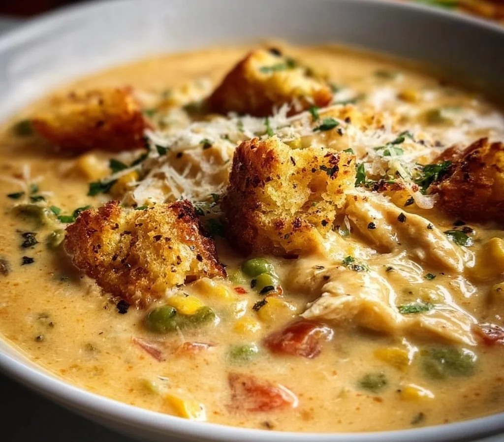 Bowl of Chicken Pot Pie Soup with vegetables and creamy broth