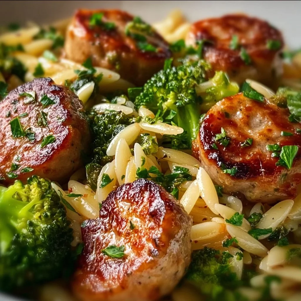 Chicken sausage and broccoli orzo dish garnished with herbs on a plate