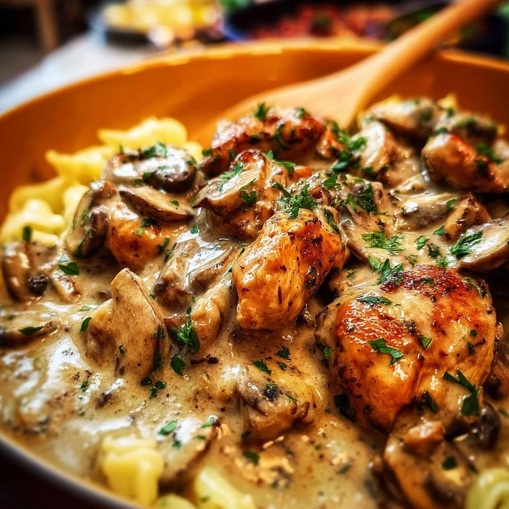 Delicious Chicken Stroganoff served with mushrooms and noodles