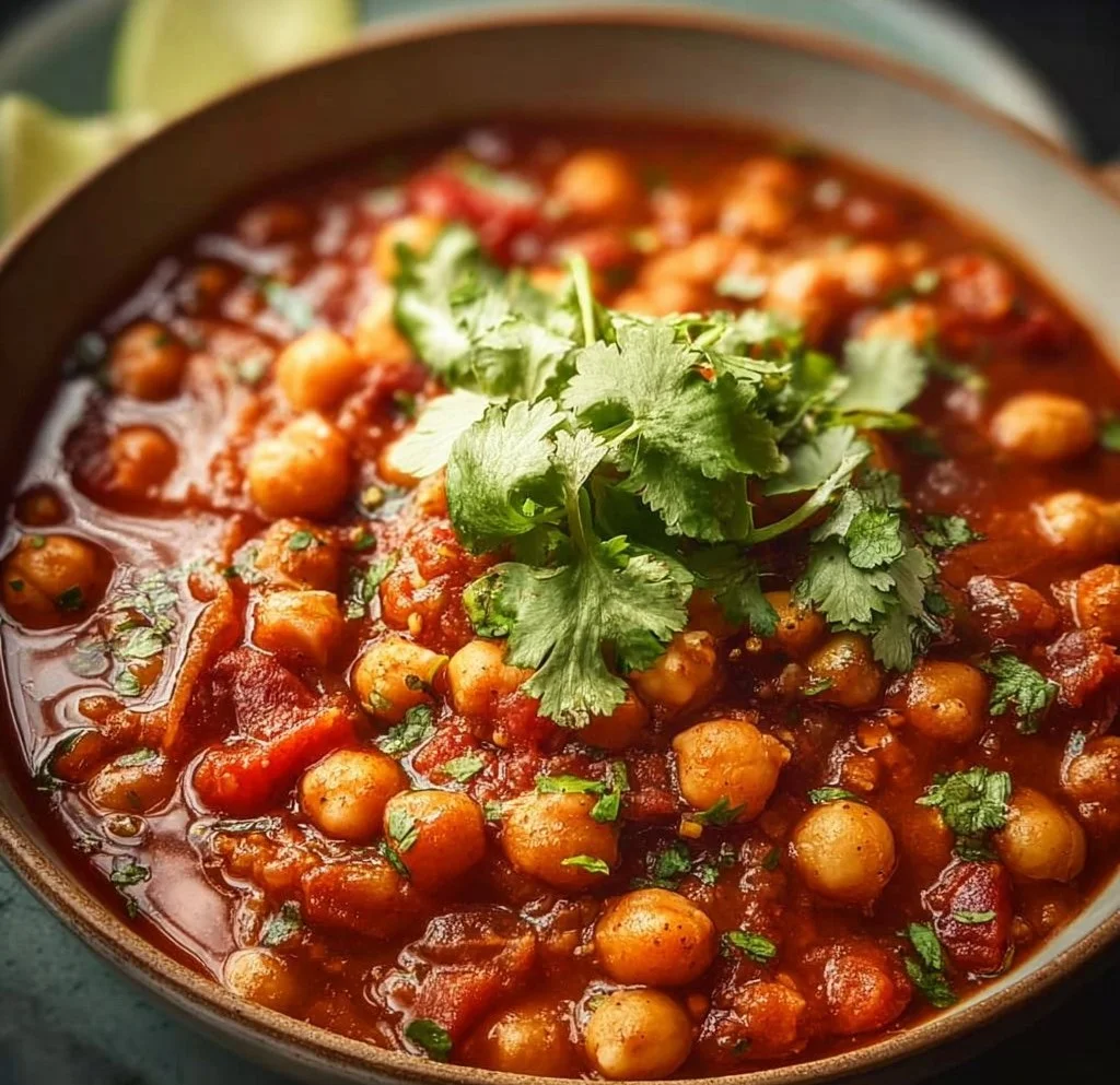 Bowl of chickpea chili topped with fresh herbs and spices