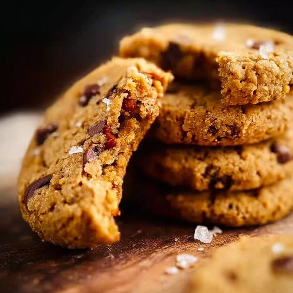 Homemade chickpea cookies on a wooden plate with chocolate chips