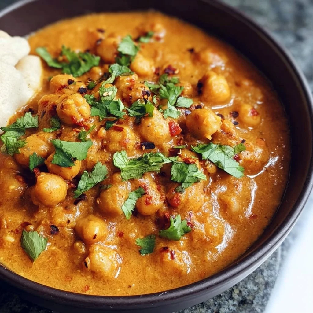 Bowl of Chickpea Vegan Tikka Masala garnished with fresh cilantro and served with rice.