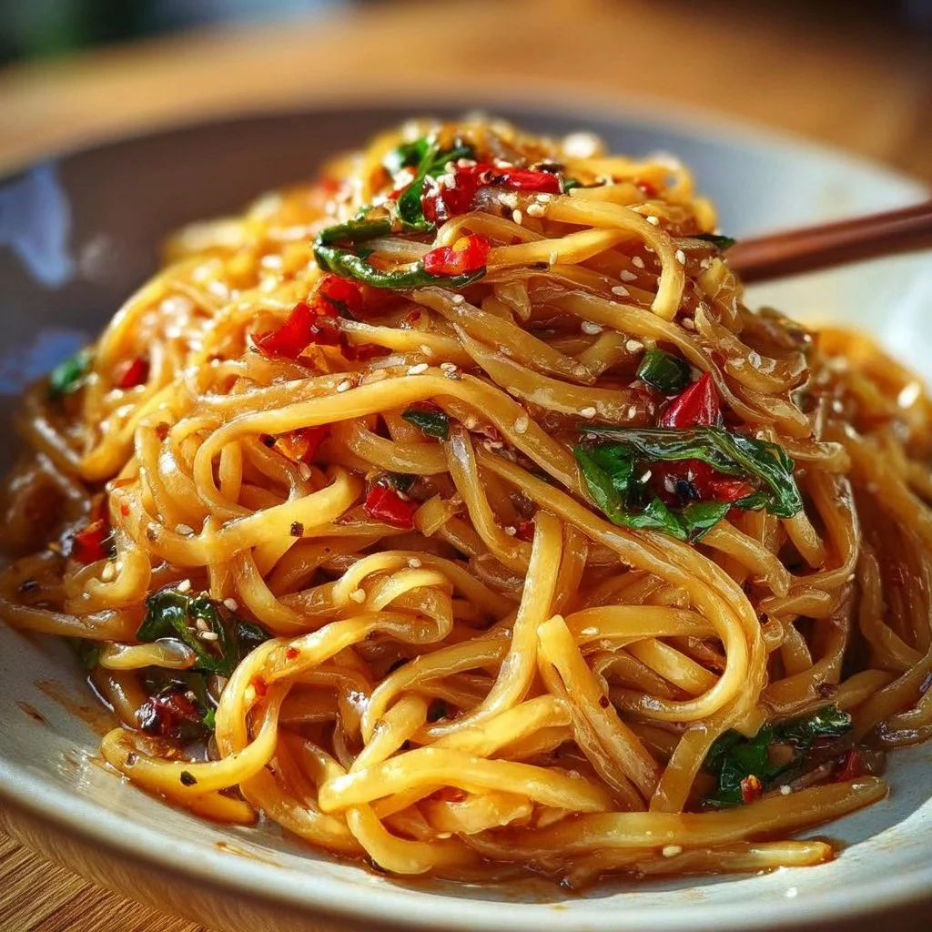 Bowl of spicy Chili Garlic Noodles topped with fresh herbs and garlic