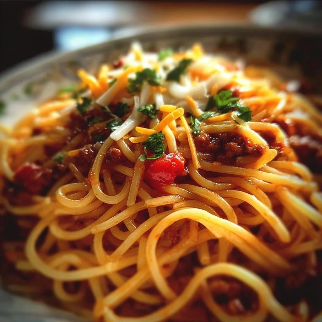 Bowl of chili spaghetti topped with cheese and herbs, a hearty meal choice.
