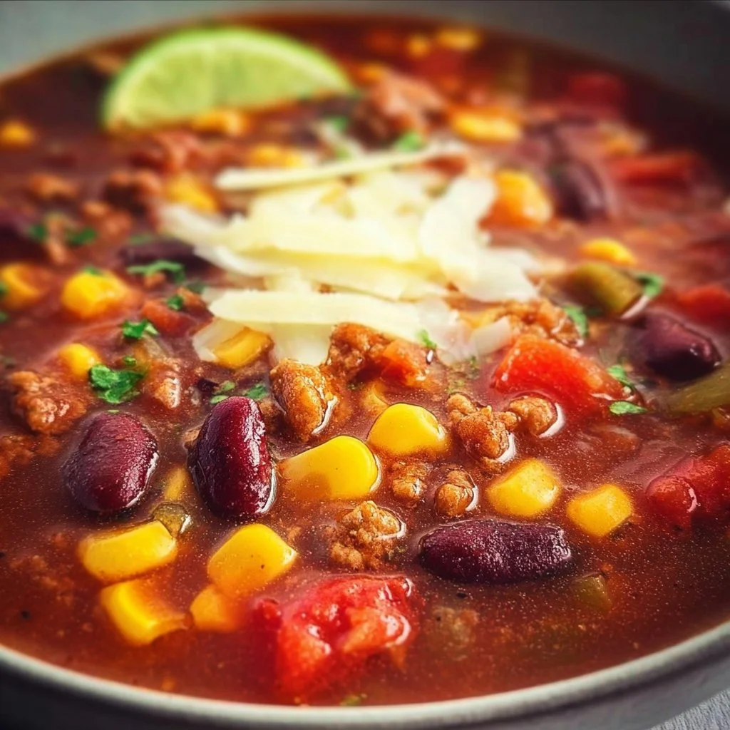Delicious bowl of chili with corn, topped with fresh herbs