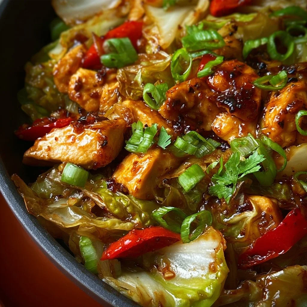 Delicious Chinese chicken cabbage stir-fry with colorful vegetables