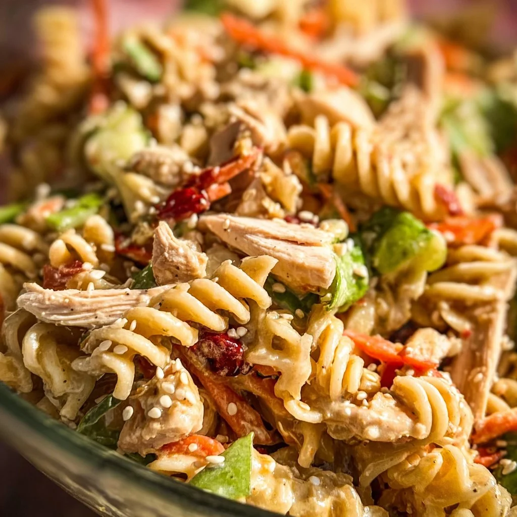 A colorful bowl of Chinese Chicken Pasta Salad with vegetables and sesame dressing.