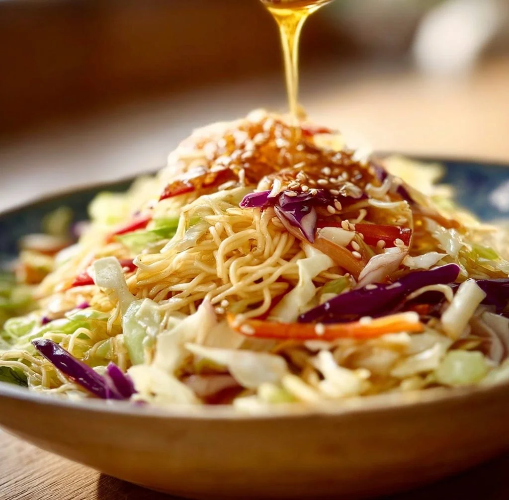 Bowl of Chinese coleslaw with ramen noodles and colorful vegetables
