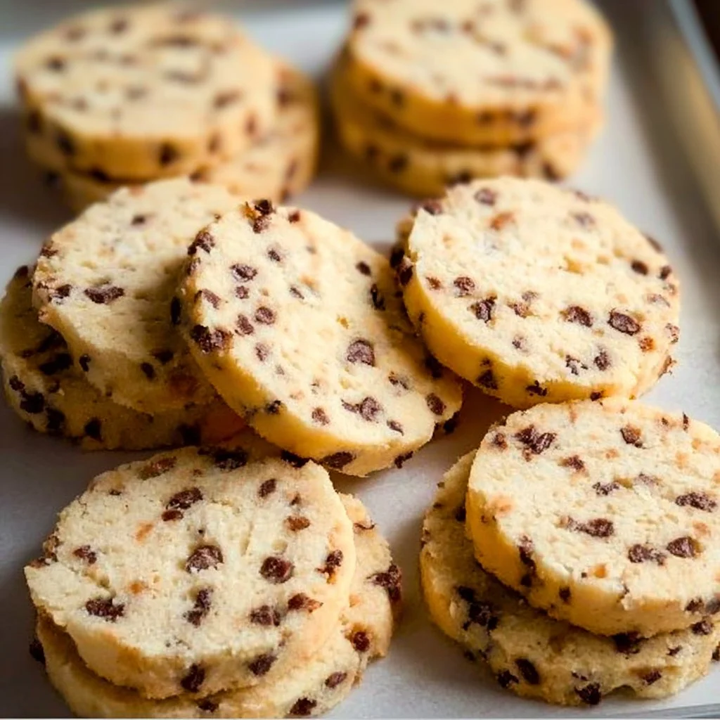 Delicious Chocolate Chip Shortbread cookies on a plate