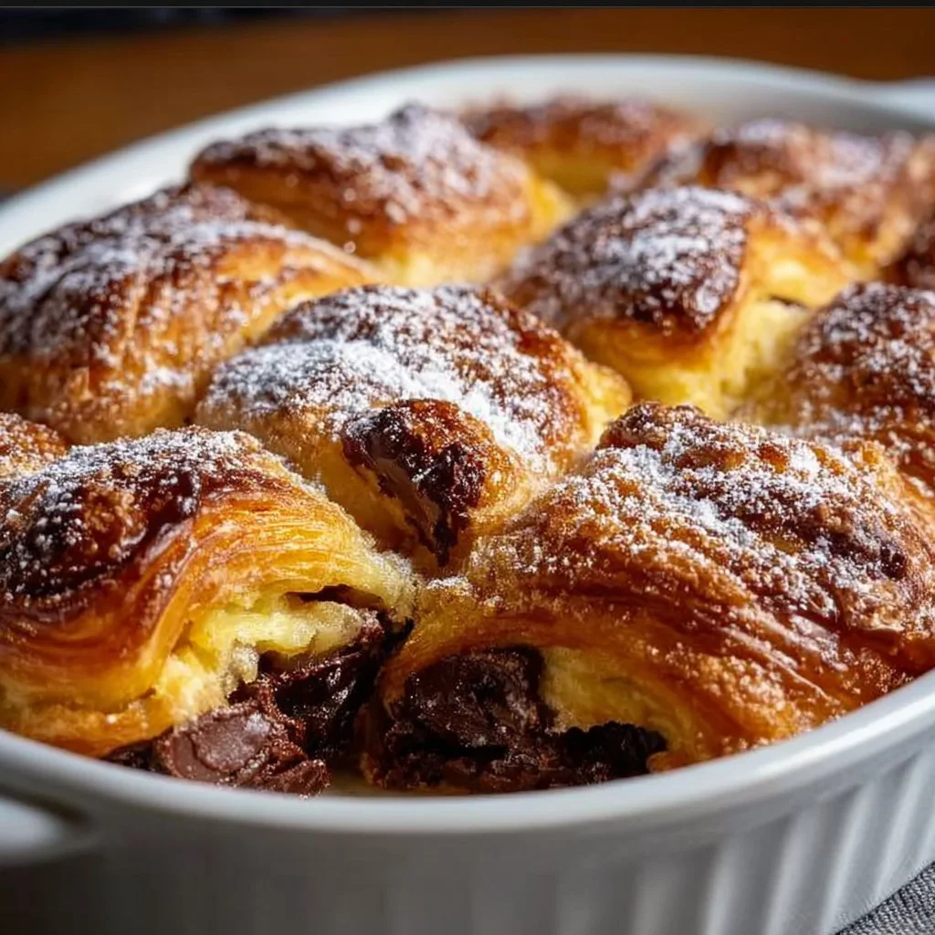 Chocolate croissant breakfast bake fresh out of the oven