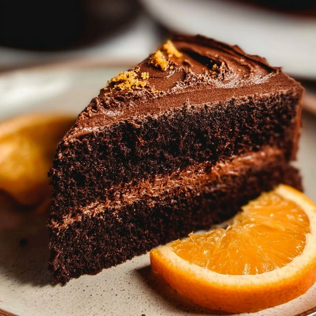Delicious Chocolate Orange Cake topped with chocolate glaze and orange slices