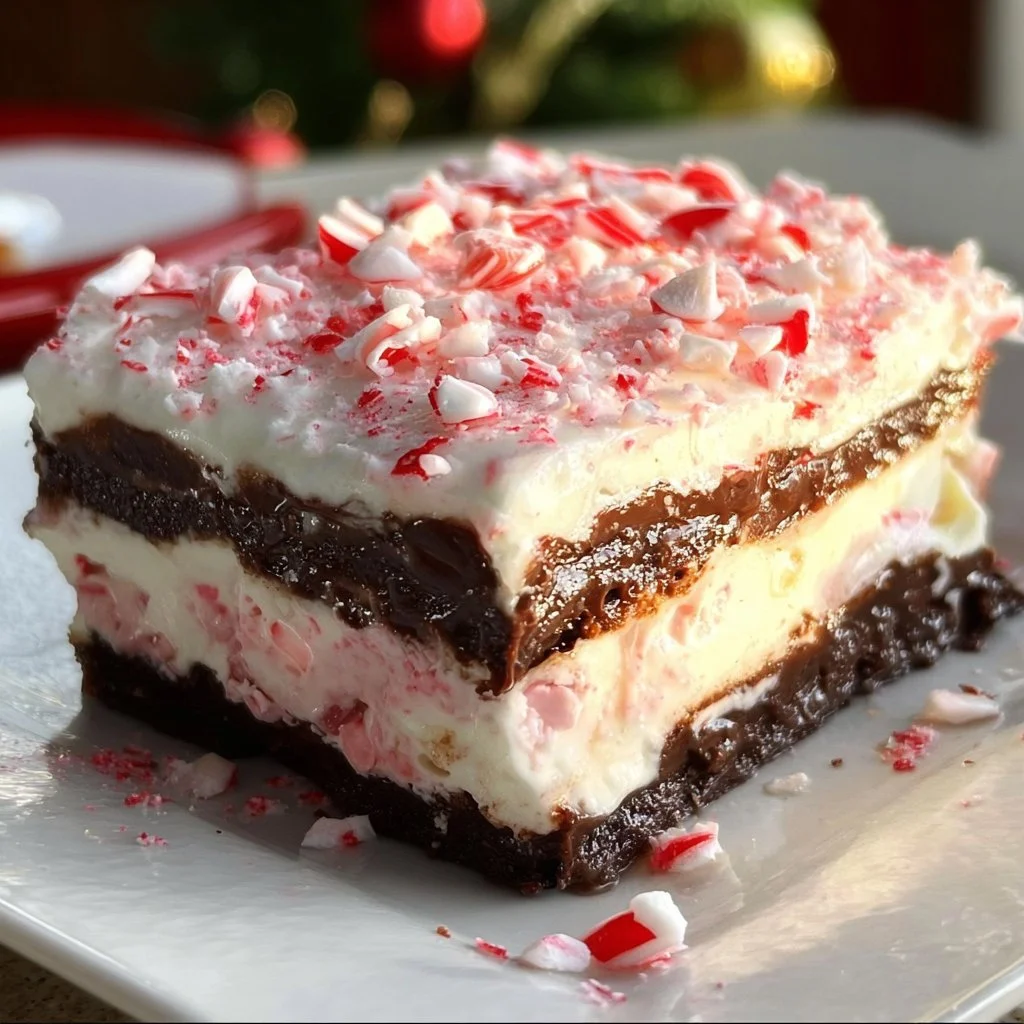 Chocolate peppermint lasagna dessert with layers of chocolate and mint