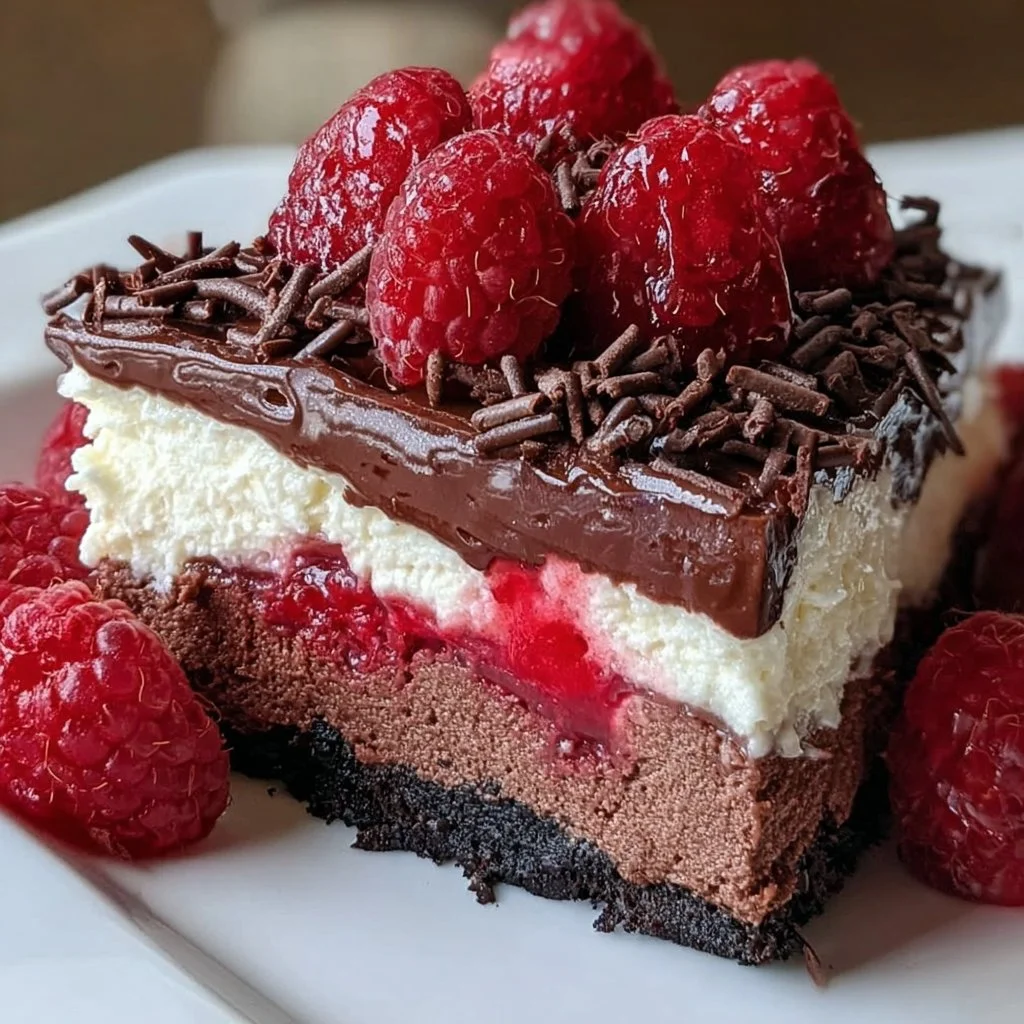 Decadent Chocolate Raspberry Cheesecake with fresh raspberries and chocolate drizzle