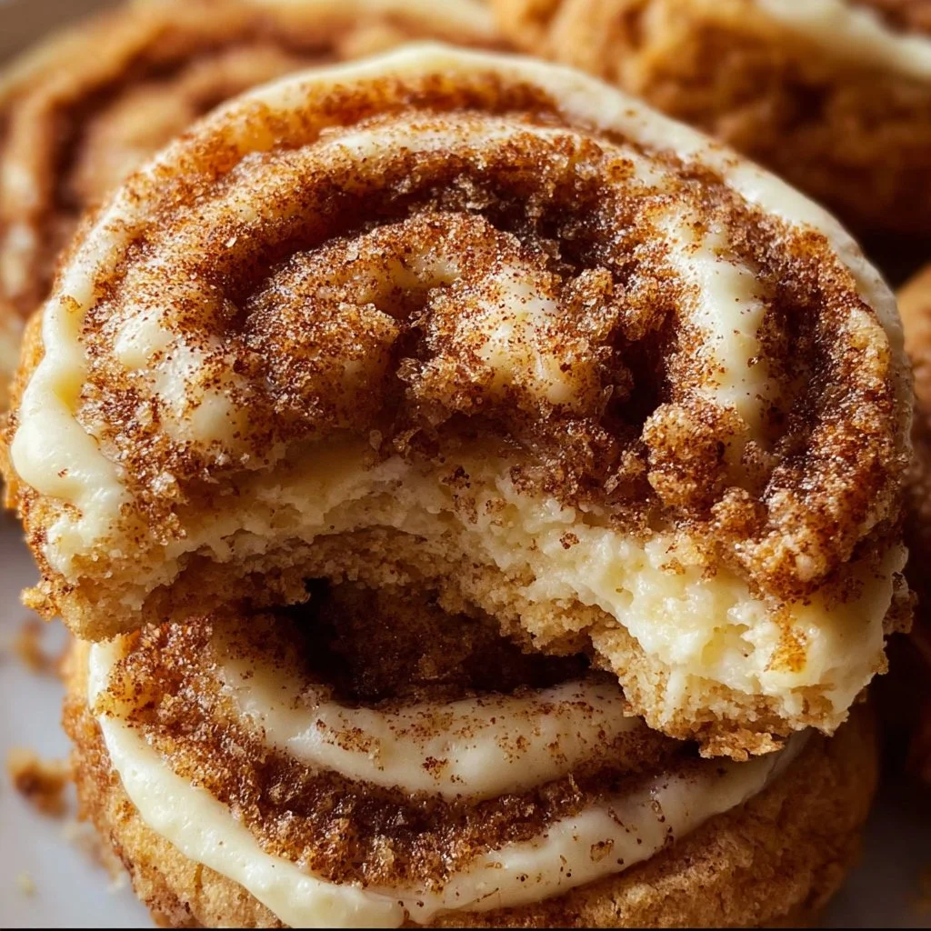 Cinnamon roll cheesecake cookies stacked on a plate