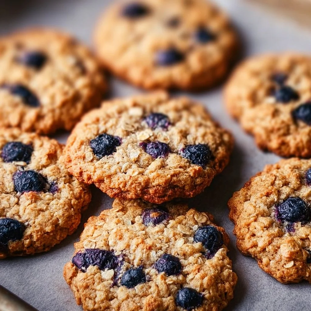 Freshly baked classic blueberry oatmeal cookies on a cooling rack