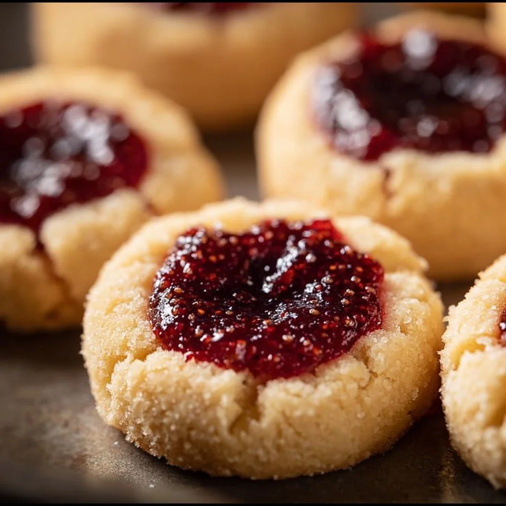 Classic jam thumbprint cookies with colorful jam filling on a plate