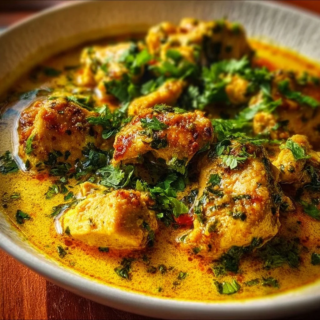 Bowl of Coconut Chicken Curry with vibrant spices and fresh ingredients
