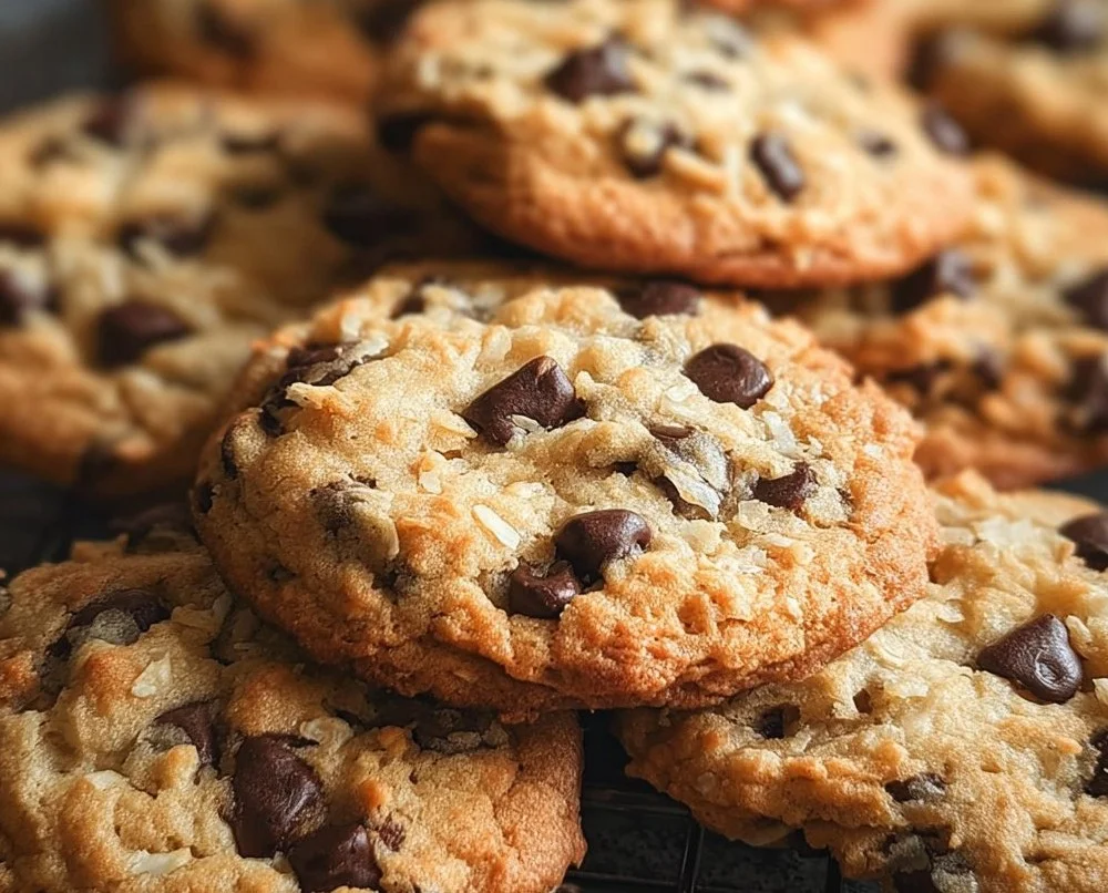 Freshly baked Coconut Chocolate Chip Cookies with chocolate chunks and coconut flakes