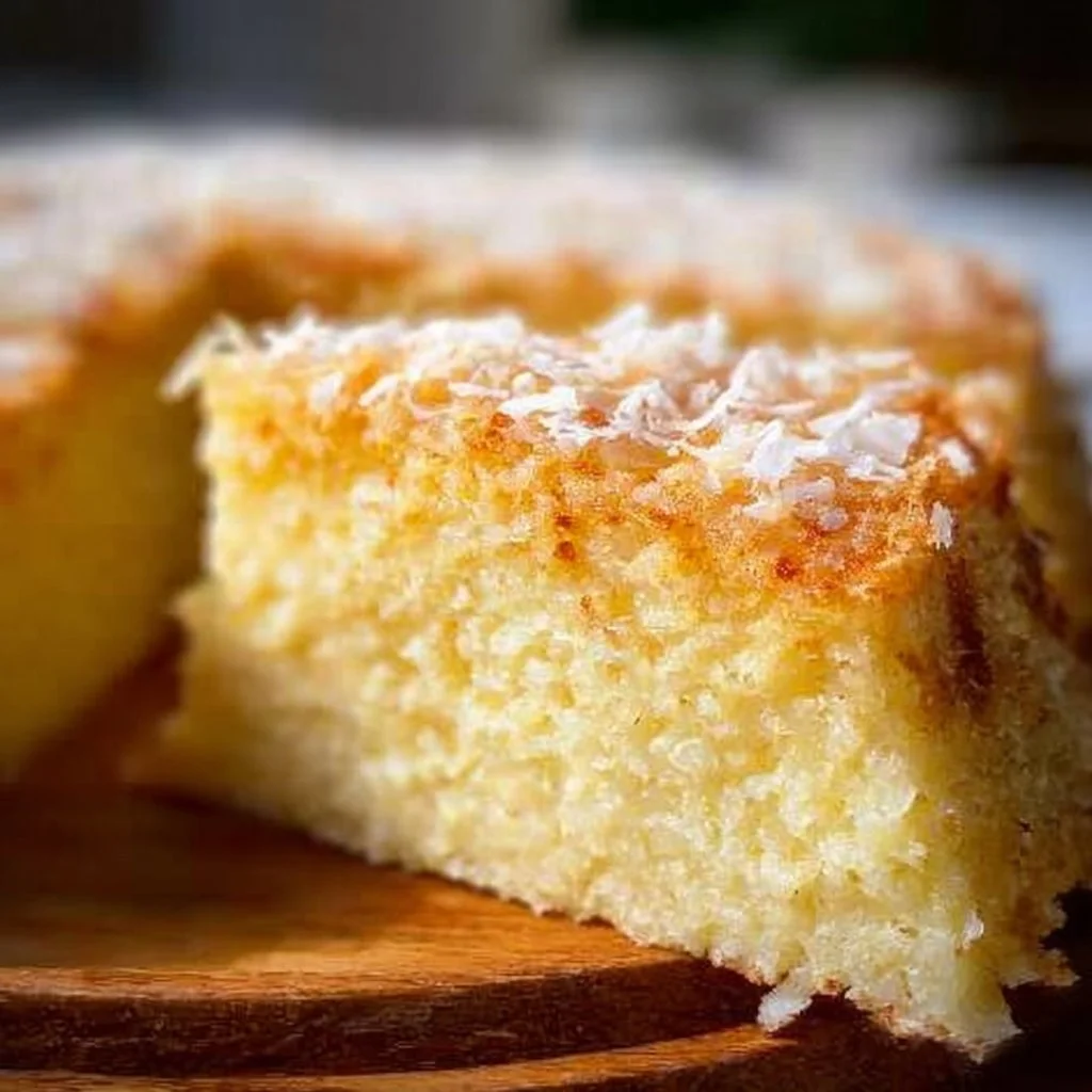 Slice of Coconut Custard Cake with coconut flakes on top