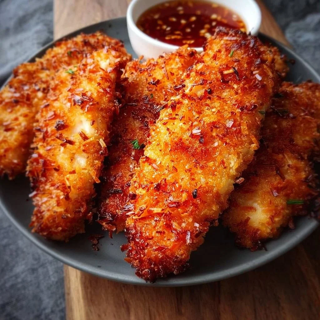 Golden brown Coconut Panko Chicken tenders served with dipping sauce.
