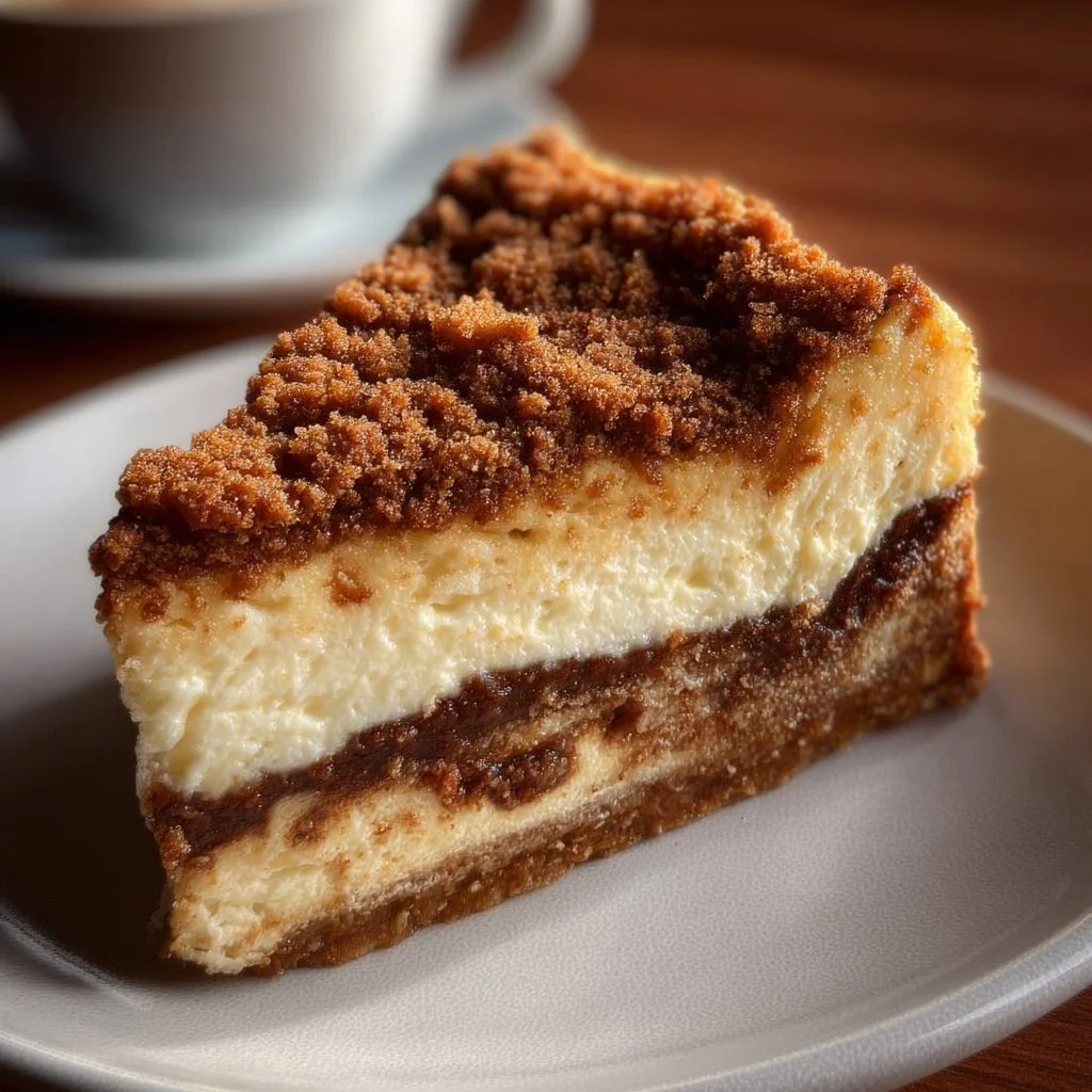 Delicious coffee cake cheesecake with cinnamon sugar crumble topping