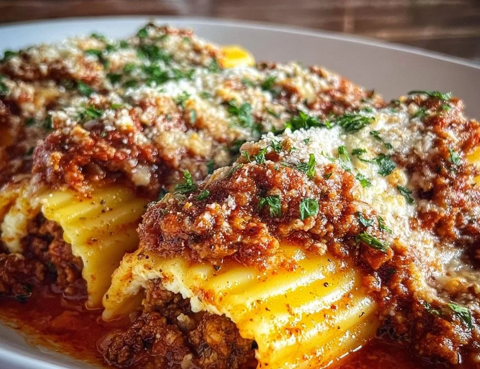 Delicious stuffed manicotti with meat sauce in a baking dish